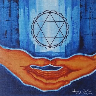 Prayag Jadhav: 'attained to the divine', 2020 Acrylic Painting, Meditation. Anahata or Heart Chakra is the fourth primary chakra in the human body. Anahata means  Unstruck, unhurt and unbeaten . In anahata one makes decisions based on one s higherself, not on the unfulfilled emotions and desires of lower nature. It is also associated with love and compassion, charity to others ...