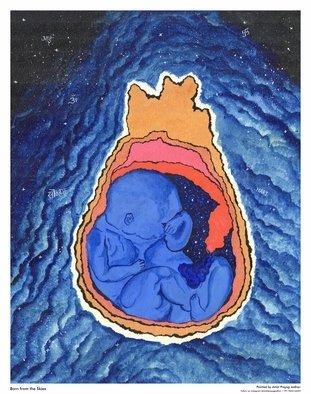 Prayag Jadhav: 'born from the skies', 2019 Acrylic Painting, Spiritual. We often say that we all are born from the skies above or the heavens, but the heaven is inside a mother s womb. This painting is a tribute to all the mothers in this world. There are also some divine symbols and words of Hindu mythology added to the ...