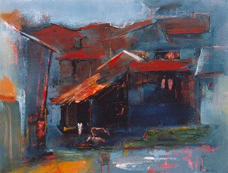 Sampat Nayakawadi: 'moonlight in village 01,2001', 2001 Oil Painting, Abstract Landscape. 