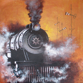 Kishore Pratim Biswas: 'steam locomotives 27', 2023 Acrylic Painting, Impressionism. Artist Description: At that time, I was around 5 to 6 years old.  I lived in a place where locomotives travel around.  And I was always running out to watch them and loved to sketch them.  This was my old memory of childhood.  I try to recall those memories and ...