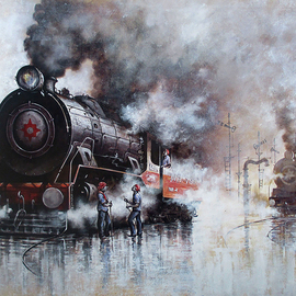 Kishore Pratim Biswas: 'steam locomotives 31', 2023 Acrylic Painting, Impressionism. Artist Description: At that time, I was around 5 to 6 years old.  I lived in a place where locomotives travel around.  And I was always running out to watch them and loved to sketch them.  This was my old memory of childhood.  I try to recall those memories and ...