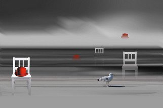 Marlies Odehnal: 'Beach with hats and chairs', 2012 Digital Painting, Beach.  Beach, hats, chairs, sea, waves, red, black, white, grey, surrealistic ...