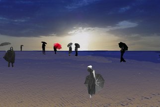 Marlies Odehnal: 'Raining at the beach', 2010 Collage, Beach.    Beach, sea, sky, clouds, water, men, rain, raining, people with umbrellas, blue, grey, red  ...