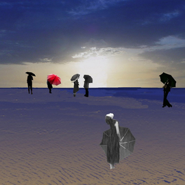 Marlies Odehnal: 'Raining at the beach', 2010 Collage, Beach. Artist Description:    Beach, sea, sky, clouds, water, men, rain, raining, people with umbrellas, blue, grey, red  ...