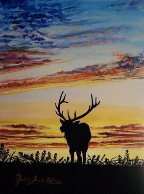 Judith Smith Wilson: 'Bull Elk in Sunset', 2006 Watercolor, Wildlife.  Silhouette of Bull Elk in sunset. Original $300. 00.  Open Edition Print $35. 00 ...