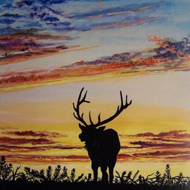 Judith Smith Wilson: 'Bull Elk in Sunset', 2006 Watercolor, Wildlife. Artist Description:  Silhouette of Bull Elk in sunset. Original $300. 00.  Open Edition Print $35. 00 ...
