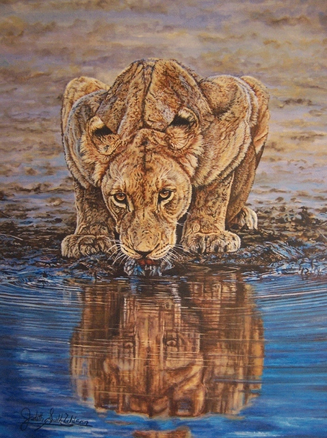 Artist Judith Smith Wilson. 'Lioness At Waterhole' Artwork Image, Created in 2006, Original Pastel. #art #artist