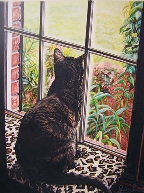 Judith Smith Wilson: 'Portrait of Miss Kitty', 2007 Watercolor, Cats. Artist Description:  My cat Miss Kitty sitting looking out the window at the birds.  Painting done from a photograph by Juith Smith Wilson.  Original Price $750. 00.  Open Edition Prints  $35. 00. ...