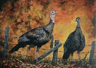 Judith Smith Wilson: 'Wild Turkey Anyone', 2007 Watercolor, Wildlife.  Wild Turkeys by split rail fence in Kentucky. Original $2,500. 00.  Open Edition Prints. $55. 00 ...