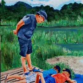 Eli Gross: 'fish research', 2017 Acrylic Painting, People. Artist Description: landscape, children, nature...