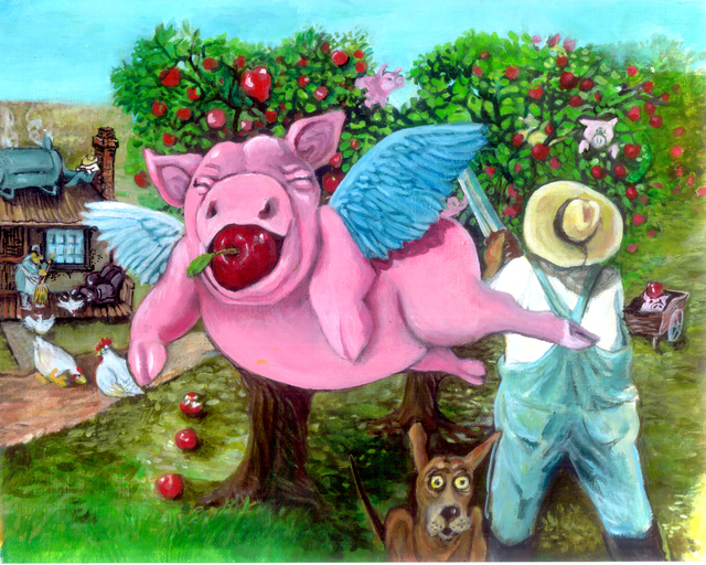 Artist Sue Conditt. 'Flying Pigs In My Orchard' Artwork Image, Created in 2014, Original Painting Acrylic. #art #artist