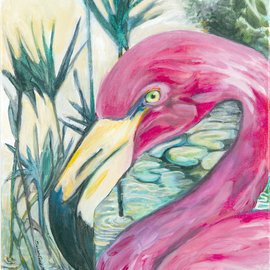 Sue Conditt: 'Pink Flamingo', 2016 Acrylic Painting, Animals. Artist Description:  water fowl. flamingo, birds, wetland creatures       ...