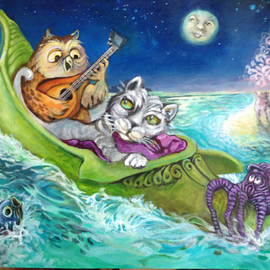 Sue Conditt: 'The Owl And The Pussycat Went to Sea', 2014 Acrylic Painting, Animals. Artist Description:  Nursery rhymes, owl, kitty, cat, sea, fantasy...