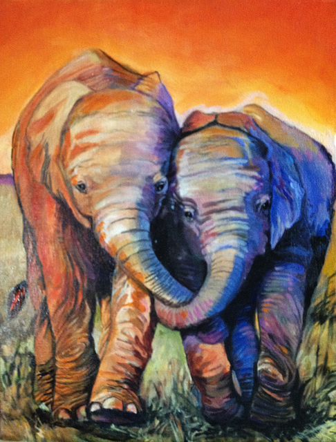 Artist Sue Conditt. 'Two Baby Elephants' Artwork Image, Created in 2015, Original Painting Acrylic. #art #artist