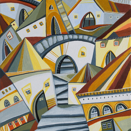 Aniko Hencz: 'in the circus city', 2023 Painting, Cityscape. Artist Description: Original semi- abstract urban landscape with stairs, roofs and colorful houses of a circus city. It is a colorful geometric artwork made with acrylic on canvas. The painting is signed in front  +back  and accompanied with a certificate of authenticity signed by me.It is varnished in order ...