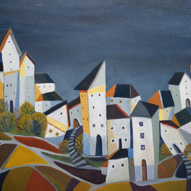 Aniko Hencz: 'silent night', 2022 Painting, Cityscape. Artist Description: Original painting of an imaginary urban landscape with houses and stairs on a peaceful silent night. It is made with oil on canvas. The painting is signed in front  +back  and accompanied with a certificate of authenticity signed by me.The artwork is varnished in order to give ...