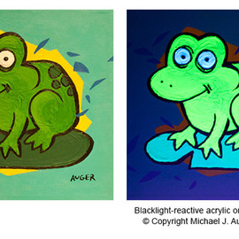 Michael Auger: 'frog', 2021 Acrylic Painting, Animals. Artist Description: This original animal painting, created by offbeat artist Michael Auger, is guaranteed to provoke a smile. This piece was painted with a bold color and a thick and chunky acrylic that begs to be touched and also reveals surprise special effects when viewed with a UV blacklight  ...