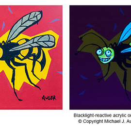 Michael Auger: 'hornet', 2021 Acrylic Painting, Animals. Artist Description: This original animal painting, created by offbeat artist Michael Auger, is guaranteed to provoke a smile. This piece was painted with a bold color and a thick and chunky acrylic that begs to be touched and also reveals surprise special effects when viewed with a UV blacklight  ...