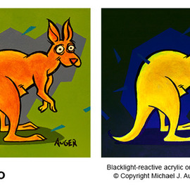 Michael Auger: 'kangaroo', 2021 Acrylic Painting, Animals. Artist Description: This original animal painting, created by offbeat artist Michael Auger, is guaranteed to provoke a smile. This piece was painted with a bold color and a thick and chunky acrylic that begs to be touched and also reveals surprise special effects when viewed with a UV blacklight  ...