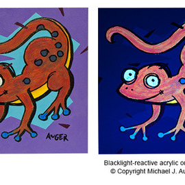 Michael Auger: 'newt', 2021 Acrylic Painting, Animals. Artist Description: This original animal painting, created by offbeat artist Michael Auger, is guaranteed to provoke a smile. This piece was painted with a bold color and a thick and chunky acrylic that begs to be touched and also reveals surprise special effects when viewed with a UV blacklight  ...