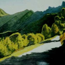 Aurelio Zerla: 'Sundown on Italian mountain road', 1992 Oil Painting, Landscape. Artist Description: Road at sundown in Italian Pre- Alps. ...