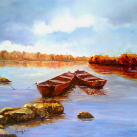 Rok Lekaj: 'Boats on the river', 2012 Oil Painting, Impressionism. Artist Description:       Oil wonderful beautiful colors      ...