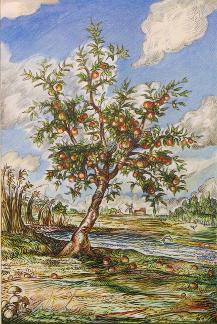 Artist Austen Pinkerton. 'Apple Tree By Stream' Artwork Image, Created in 2010, Original Painting Ink. #art #artist