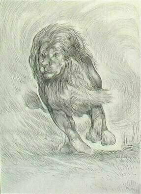 Austen Pinkerton: 'Charging Lion', 2005 Pencil Drawing, Animals. A Lion at full pelt, mane flowing, with a storm of dust surrounding it as it charges.  ...