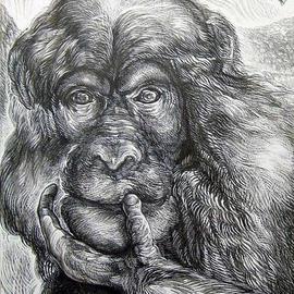 Austen Pinkerton: 'Chimp', 2006 Other Drawing, Animals. Artist Description: Head and Shoulders of a Chimpanzee with hand across mouth as if ( and most pobably was) in thought. Background of endless forest, and tree branch with fruit overhead. ...