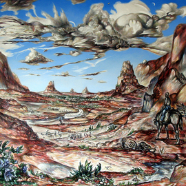 Austen Pinkerton: 'New Worlds', 2008 Acrylic Painting, Landscape. Artist Description:  Large landscape with rocky outcrops and dinosaurs ...