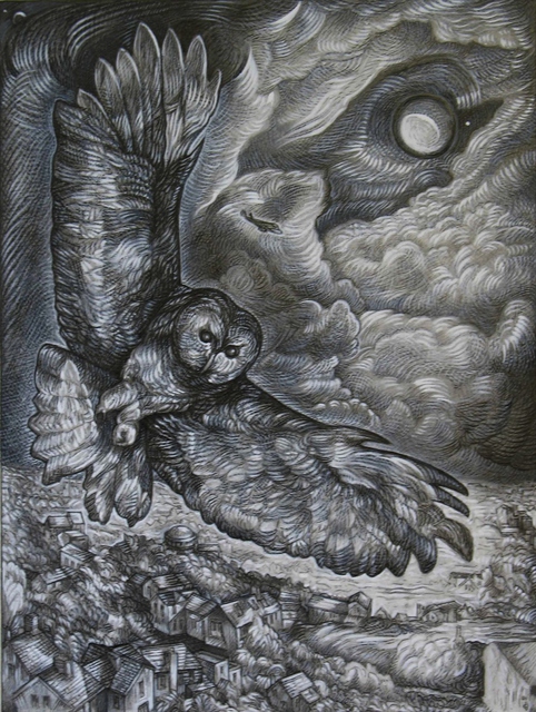 Austen Pinkerton  'Owl And Moon', created in 2010, Original Painting Ink.