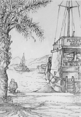 Austen Pinkerton: 'Quay at Gocek', 2016 Graphite Drawing, Seascape.         trees palms boats harbour quayside  ...