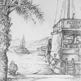 Austen Pinkerton: 'Quay at Gocek', 2016 Graphite Drawing, Seascape. Artist Description:         trees palms boats harbour quayside  ...