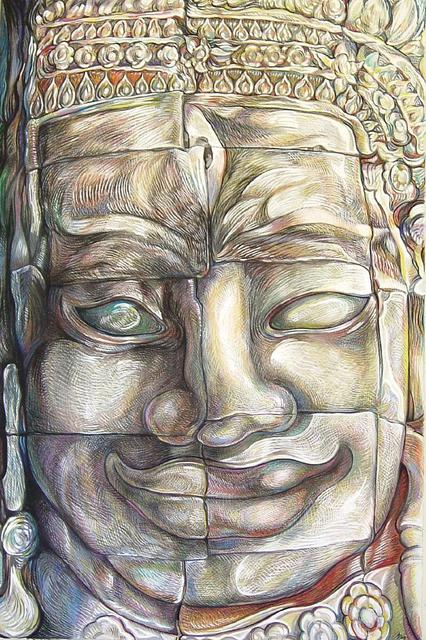 Austen Pinkerton  'Smiling Enigmatic Face Of Bayon', created in 2005, Original Painting Ink.
