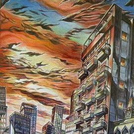 Austen Pinkerton: 'Sunset City', 2003 Acrylic Painting, Cityscape. Artist Description: Towerblocks seen from the street and lit by a cloud- banded sunset sky which is reflected in the windows of the buildings....