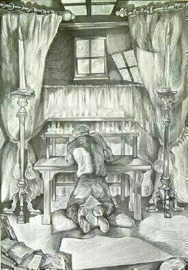 Austen Pinkerton: 'Who was that', 2005 Pen Drawing, Interior. Figure at prayer, kneeling on cushion, in front of curtains with a window above. Through the window can be seen the moon and clouds. In front of the curtains are two freestanding candlesticks, and in front of the figure is a table with two ranks of small lit candles. In ...