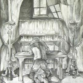Austen Pinkerton: 'Who was that', 2005 Pen Drawing, Interior. Artist Description: Figure at prayer, kneeling on cushion, in front of curtains with a window above. Through the window can be seen the moon and clouds. In front of the curtains are two freestanding candlesticks, and in front of the figure is a table with two ranks of small lit ...