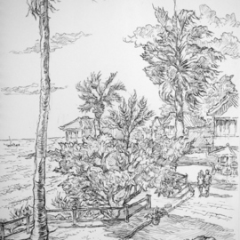 Austen Pinkerton: 'beachside walk at side', 2018 Pencil Drawing, Landscape. 