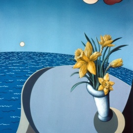Austen Pinkerton: 'daffodils table and sea', 1979 Acrylic Painting, Landscape. Artist Description: Holidays Sea Sun Flowers Daffodils...