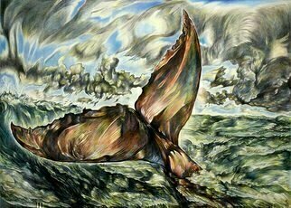 Austen Pinkerton: 'fluke', 2017 Crayon Drawing, Sea Life. WHALE SEA STORM WATER SURF...