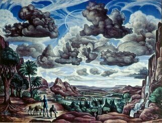 Austen Pinkerton: 'landscape with robot and dogs', 1983 Acrylic Painting, Landscape. robot cripple dogs landscape clouds science fiction...