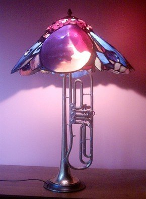 Greg Gierlowski: 'Miles Davis Lamp3', 2006 Assemblage, Abstract Figurative.  Art- lamp dedicated to the memory of great Miles Davis. Shade of stained glass, semiprecious stones and 3 resin relief- moulds of his face visualising 3 main periods of his life and music.Real trumpet as a base. ...