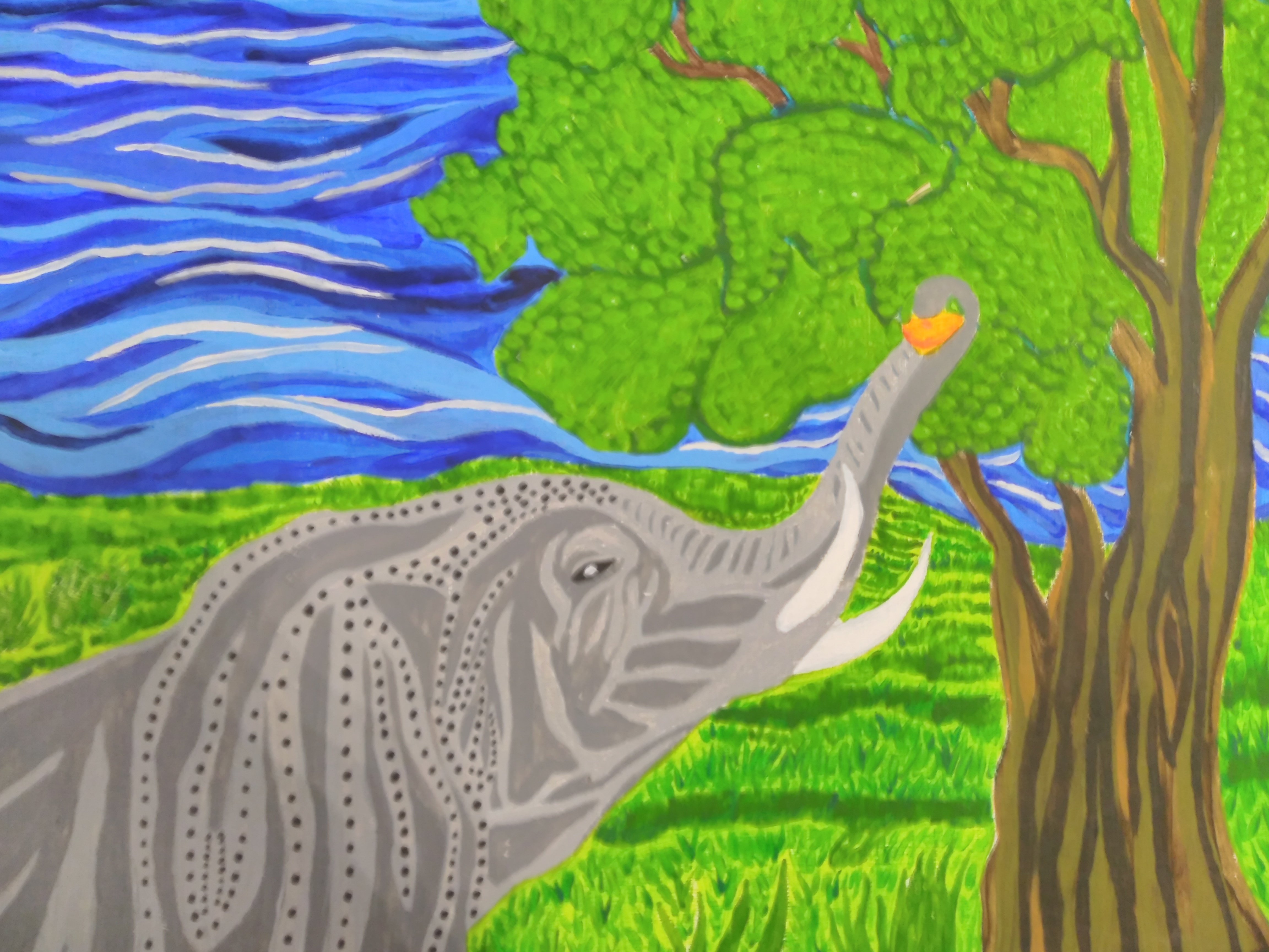 Bryan Davis: 'elephant and forbidden fruit', 2019 Acrylic Painting, Wildlife. I love elephants and the reach of there trunks and the fact that they are so huge.  I was inspired by a battle buddie of mine that also likes Elephants.  I started with the landscape and pictured it pulling the last peace of fruit from a Tree.  I used Acrylic ...