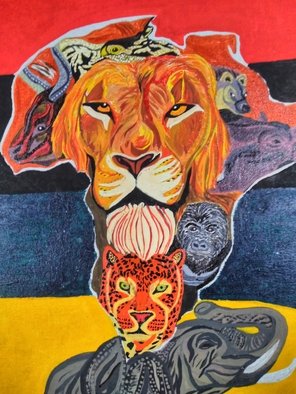 Bryan Davis: 'the king and his jungle mates', 2019 Acrylic Painting, Wildlife. Tough Animals of Africa.  Animals in this Map of Africa had to be cunning and deadly.  I used Acrylic paints.  This painting is a part of a 15 peace African collection that I started and is the 2nd peace.  It took me over 1 month on the Lion because I ...