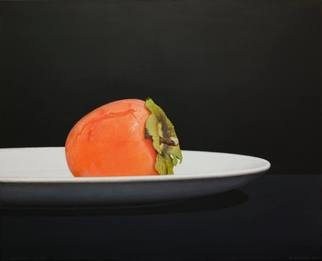 Nataliia Bahatska: 'the persimmon', 2020 Acrylic Painting, Food. In this acrylic still life, you can see a realistic ripe large orange persimmon lying on a white plate. The black background enhances the composition well. And it seems that you feel the heaviness of persimmon, the tenderness of its pulp and sweet taste. Style: Hyperrealistic food painting.   The painting ...