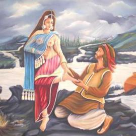 Samer- Bani: 'sohnimahiwal', 1999 Oil Painting, Love. Artist Description:  Potraying: -    A sequence of a love story of northen India.Title: -        SOHNI- MAHHWAL ( the love birds) .Based on: - A true love story of northen india ( as Remeo & Juliet are remembered in the western countries) in northen india the tale of this loving pair is rememberd and heard with ...