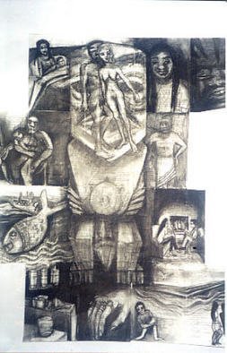 Susan Baquie: 'polytext', 2004 Charcoal Drawing, Life.  This is a collage of the pages of a novel with drawings of the people, places and things within the pages. ...