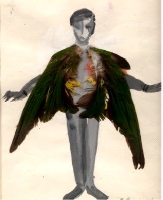 Susan Baquie: 'winged boy', 1995 Collage, Mythology. The bird  wings are collaged onto the ink and water colour depiction of a young boy getting his wings. ...