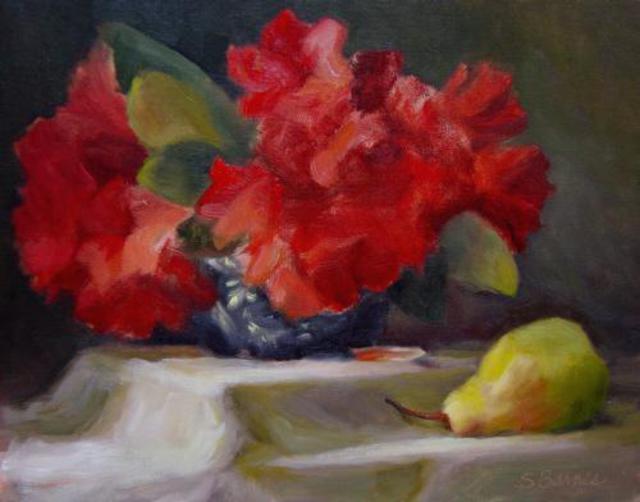 Artist Susan Barnes. 'Pear With Red Rhodos In Chinese Bowl' Artwork Image, Created in 2004, Original Painting Oil. #art #artist