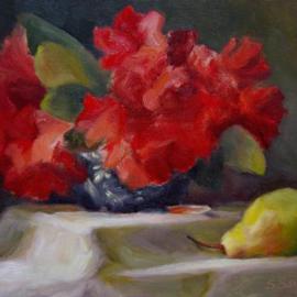 Susan Barnes: 'Pear with Red Rhodos in Chinese Bowl', 2004 Oil Painting, Still Life. 
